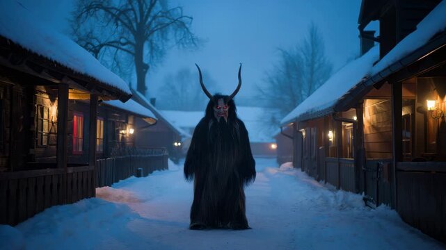 Krampus in silent snowy village, glowing red eyes, tall horns, ancient Yule creature, winter horror pagan tradition, Christmas night fear folklore monster, eerie path frozen darkness, demonic watcher