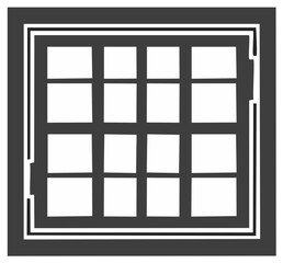 Stylized black and white illustration of a square window frame with a grid
