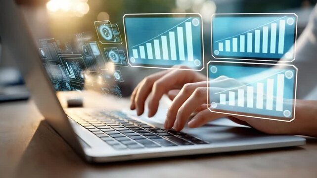 Digital Interface: A person's hands diligently navigating a laptop with an overlay of digital charts and indicators, revealing the intricate dance of data analysis and technological innovation.