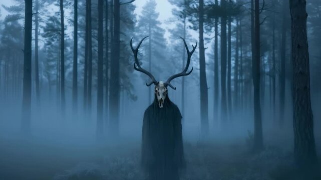 Antlered forest phantom standing in dense blue mist, eerie skeletal mask figure emerging through foggy pines, invoking dark woodland mythology, pagan symbolism, winter folklore