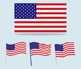 Four illustrations of the American flag including a flat design and three versions shown waving gracefully.