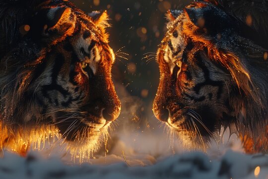 Two tigers confront each other in darkness, their orange manes illuminated with a vibrant glow. A dramatic and powerful scene.