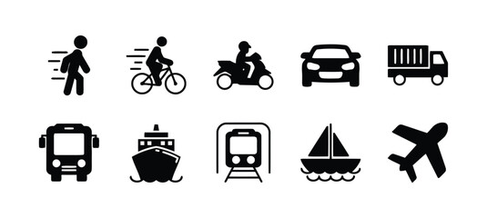 Collection of diverse transportation icons representing various methods for commuting
