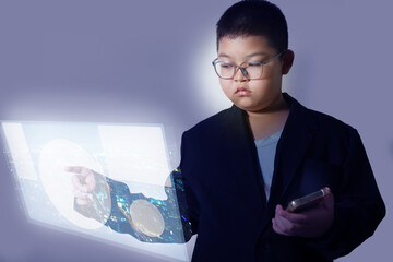 A young Asian businessperson is using a smartphone and tapping a holographic screen, displaying a superimposed image.
