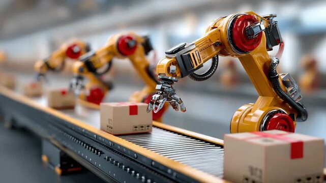 Robotic Arms in Factory: Automation in action, where precise robotic arms orchestrate a seamless assembly line, efficiently moving and managing packages.