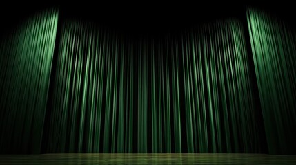 Empty theater stage with green velvet curtains, spotlight showtime copy space, suitable for performance, drama, or event promotion designs.