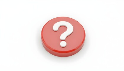 3d question mark icon on red round button or badge.3d rendering.Isolated on white background.

