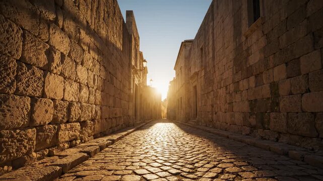 Dynamic time-lapse style shot showing rapid shadows sweeping across the textured stone street and ancient walls highlighting the passing of time time speed, conceptual video, cinematic transition
