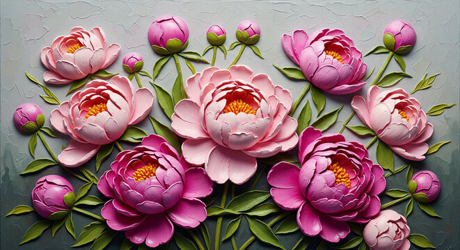 3D bas-relief panel of blooming pink peony flowers in plaster style, 3D relief wallpaper for mural wall art, canvas print, wall decor painting design