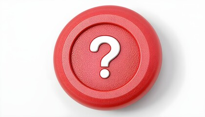 3d question mark icon on red round button or badge.3d rendering.Isolated on white background.

