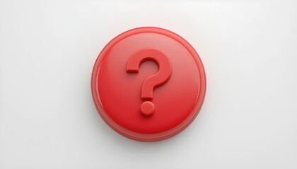 3d question mark icon on red round button or badge.3d rendering.Isolated on white background.

