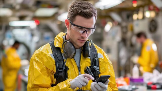 Safety First: An engineer in protective gear intently checks his mobile device while immersed in a workshop environment. It's a scene of focus and responsibility.