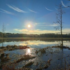 Low winter sun over calm lake with reflections and frosty shoreline