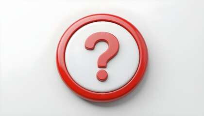 3d question mark icon on red round button or badge.3d rendering.Isolated on white background.

