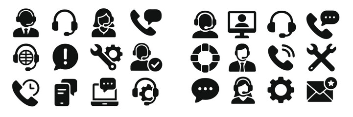 Collection of support and service icons representing help call and communication