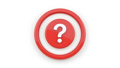 3d question mark icon on red round button or badge.3d rendering.Isolated on white background.

