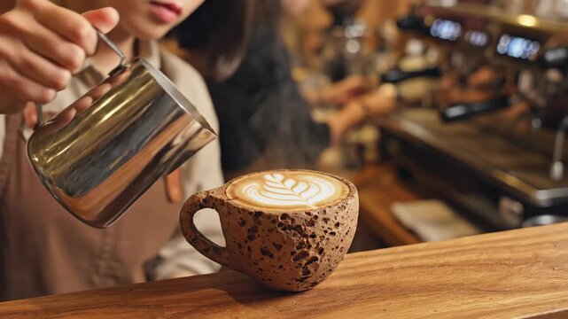 Barista pouring milk creating latte art in unique textured coffee mug