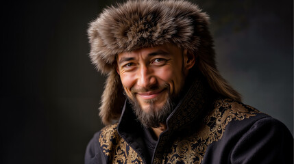 A man wearing a fur hat and a black coat with gold trim is smiling at the camera