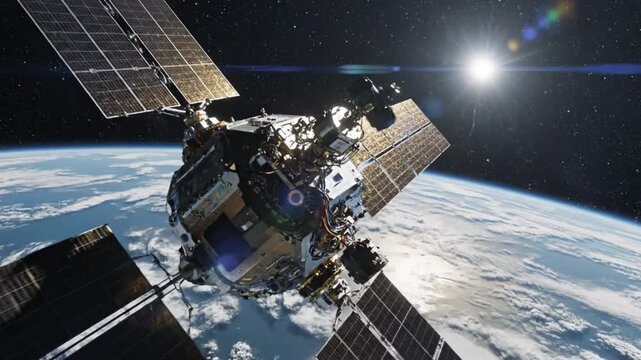 Spacecraft Orbiting Earth with Solar Panels in a Stunning View of Our Planet and the Stars