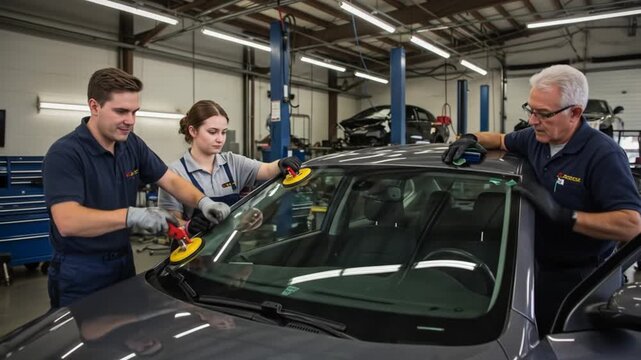 Mechanics working together on a car windshield in a repair shop
