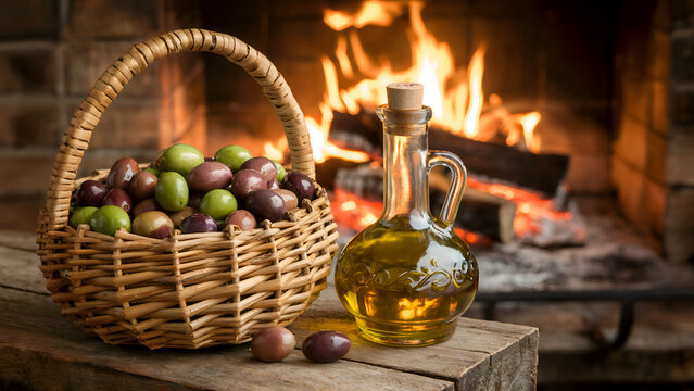 Freshly harvested olives in a wicker basket beside a bottle of olive oil with a warm fireplace background - Powered by Adobe