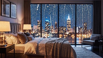 Cozy hotel bedroom softly lit by warm lamps, framed by rain-splashed glass and city lights at night
