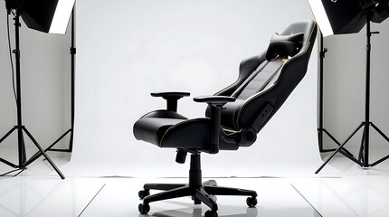 A photo of a Swivel gaming chair with a bold design, featuring a mix of premium fabric and supple leather, adjustable back recline, and a sturdy base, isolated on a pristine background.