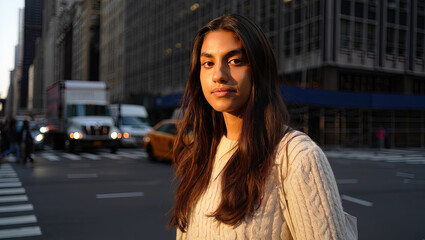 Fototapeta premium Portrait of a modern woman against a neutral background in the city