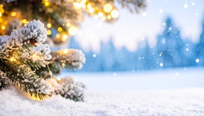 Snow-covered Christmas tree branches with festive golden lights in winter. Blurry snowy forest background with falling snowflakes and bokeh.