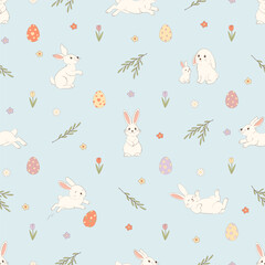 Cute Easter Bunnies Seamless Pattern with Flowers and Eggs, Pastel Spring Background