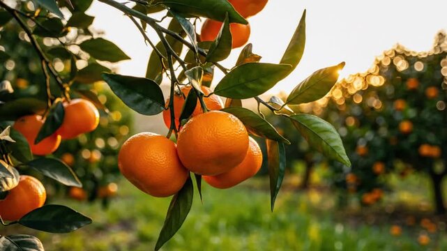 Ripe oranges hanging on a tree branch in a sunny orchard, close-up view with blurred background