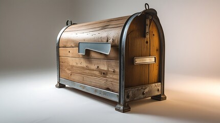 Professional photo of a rustic farmhouse mailbox made of distressed wood with visible natural grain and metallic accents, sporting a slightly aged look with subtle signs of wear.