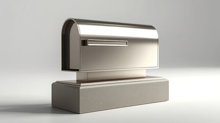 Luxury residential mailbox with a minimalist metal body made of refined materials such as stainless steel or aluminum, mounted on a polished stone base with a smooth gray or beige finish.