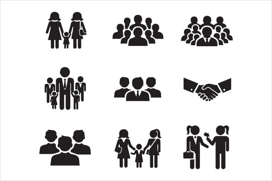 Vector People group black icons set , User profile symbol , family symbol , group of users collection , Office workers , Persons symbol  , Playing childrens , lots of people gathering