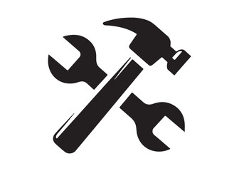 hammer and wrench logo silhouette vector, hand tool logo silhouette illustration, construction equipment logo, repair service wrench crossed over a hammer logo silhouettes vector on white background 