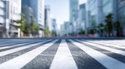 Zebra crossing on city street with skyscrapers