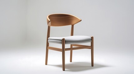 Fototapeta premium A Scandinavian wooden chair, smooth oak frame, curved backrest, soft fabric seat cushion, isolated on a white surface with clean white background, studio softbox lighting.
