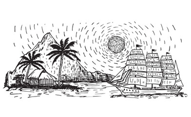 Landscape with palm trees by the sea. Summer beach sketch drawing.  Summertime, Summer vacation, vacation, travel concept. Large yacht in the foreground. A brig, a ship with sails. Hand drawn sketch