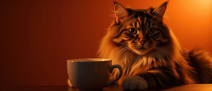 Majestic cat with fluffy fur resting beside white cup, warm orange background creates cozy atmosphere - Powered by Adobe