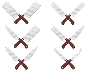 Set of crossed butcher chef meat knives knife cleaver. For adventure hunting butchery deli restaurant business bistro shop. Two knives crossed, kitchen knives