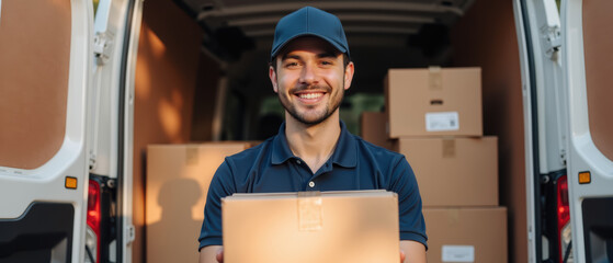 Delivery service professional smiling while holding package in front of van filled with boxes, showcasing friendly and efficient atmosphere
