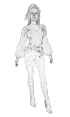 A fashionable girl in a white shirt and pants is visualized as a 3D wireframe model, featuring a stylish hairstyle and heels against a clean white background.