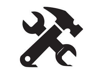hammer and wrench logo silhouette vector, hand tool logo silhouette illustration, construction equipment logo, repair service wrench crossed over a hammer logo silhouettes vector on white background 