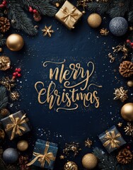 Luxury Merry Christmas Greeting Card on Dark Blue Background with Golden Decorations
