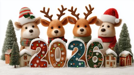 Winter Holiday 2026 Illustration with Snowman and Christmas Houses