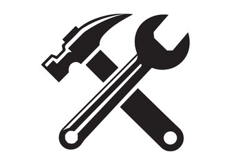 hammer and wrench logo silhouette vector, hand tool logo silhouette illustration, construction equipment logo, repair service wrench crossed over a hammer logo silhouettes vector on white background 
