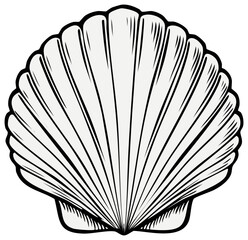 Simple black and white line art illustration of a scallop seashell icon