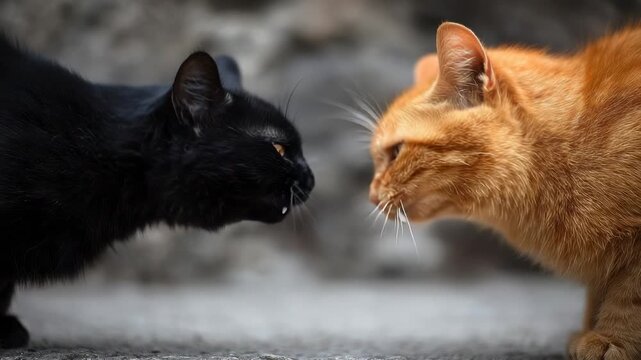 Two cats one black and one orange face each other hissing with mouths open