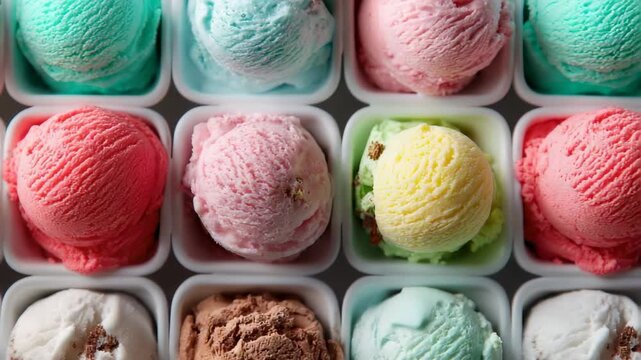 Assorted scoops of colorful ice cream in white containers arranged in a grid pattern