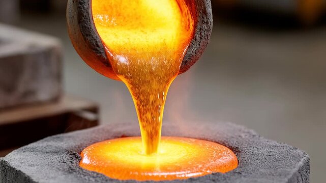 Close-up of incandescent liquid metal pouring from a crucible into a casting mold during industrial foundry process.